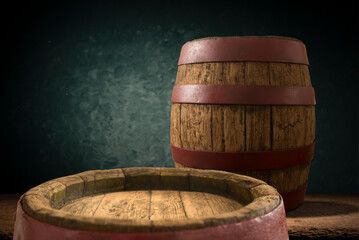 mug of beer, wheat ears, hops and beer barrel on a wooden background. High quality photo