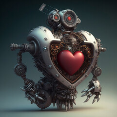 Valentine Background with a Heart Shaped Robot and Large Heart on His Chest made with Generative AI
