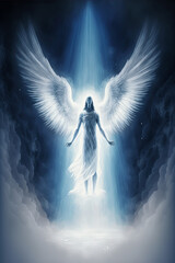 ai midjourney illustration of a bright shiny angel with big wings in a bright blue light