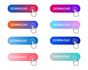 Download button with hand pointer clicking. Download vector web button. Web button with action of hand pointer. Click here, UI button concept.