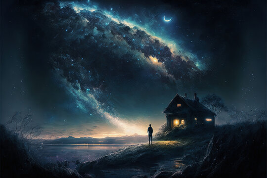 ai midjourney illustration of a man standing in front of a lit house watching to the milky way over a lake