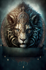 An Ornate Lion Head with a Banner made with Generative AI