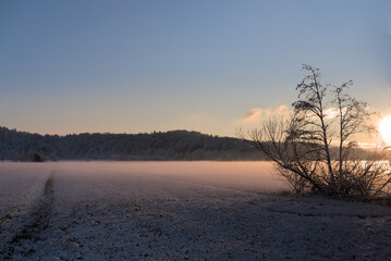 Obraz premium Rising mist over grazing marsh, covered with the first snow at sunset in winter.