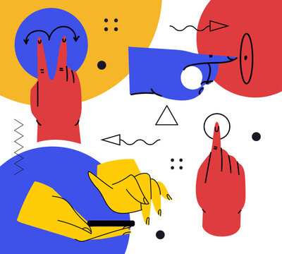 Hands holding smartphone. Vector icon of people hold smartphone or using touch gestures for mobile phone while reading. Press and point, pich and unpinch, rotate and swipe symbol.