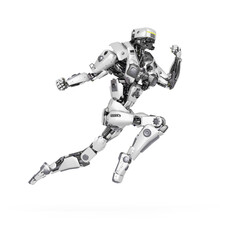 master robot is jumping on action to punch all around in white background