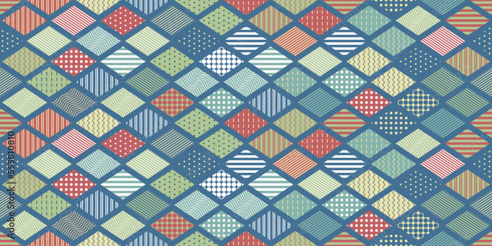 Poster Abstract rhombuses seamless. Striped, and polka dots rhombuses. Vector for print seamless, pattern for stylish design of surfaces.