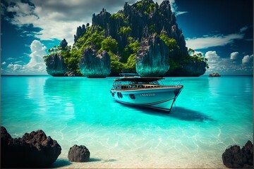 Beautiful landscape of summer beach and boat. beach in the summer season.