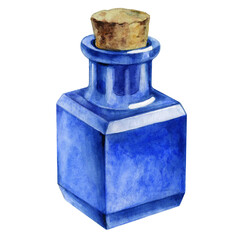 Blue glass flacon with ground stopper aromatherapy accessory isolated on transparent background. Watercolor element for the design of fabrics, wallpapers, postcards