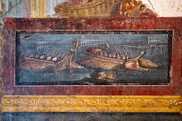 Ancient roman war ship, fresco in a house in Pompeii