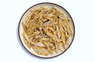 Dried anchovy on white background.