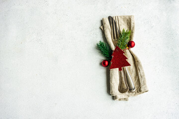 Table cloth napkin setting for Christmas dinner