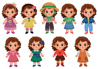 Little girl in different clothes. Vector illustration for kids.
