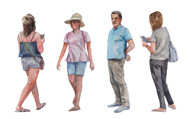 Set of isolated standing and walking people in watercolor illustration, suitable for architectural presentation,  hand-painted.