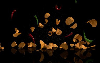 potato chips with pepper in flight on a dark background, 3d illustration