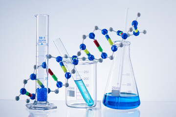 Laboratory Research concept. Scientific laboratory glassware with colourful liquid.