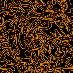 Abstract doodle drawing with orange lines on a black background.Seamless pattern.	