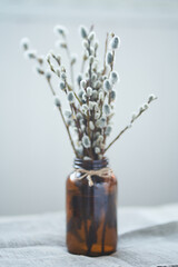 A bouquet of willow on the edge of the table. Willow, fluffy buds, brown glass vase. Happy Easter concept with copy space. High quality photo