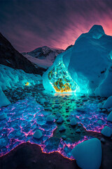 Fototapeta na wymiar fantasy strange colorful lights from crack in ice glacier landscape.Generative AI.