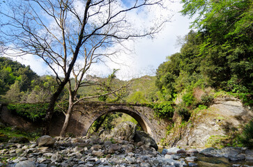Fototapeta na wymiar The hell bridge over Petrignani river in Upper Corsica mountain