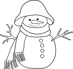 Snowman line art on a white background. New year sketch outline. Christmas vector illustration