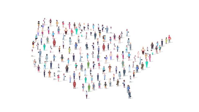 Large Crowd of Different People Forming USA Map. Concept Creative Animation of US Population and Globalization. Connection and Diversity. Top View. 4K video 