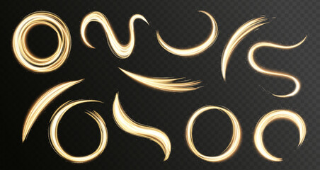 Glowing circle lines. Fire light circles and ring trails, vector sparkling gold glitter glow flare effect. Abstract light speed motion effect.