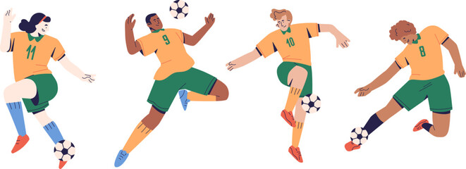 Collection of soccer players. Vector illustration of diverse cartoon people with a soccer ball. Isolated on white © Yasmin
