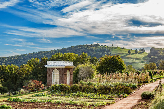 Charlottesville, VA USA - October 6, 2015: Vegetable garden and brick pavilion at US President and Founding Father Thomas Jefferson's plantation at Monticello