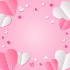 Valentine's day concept frame. Vector illustration. 3d red and pink paper cut hearts on pink background. Cute love banner or greeting card. 