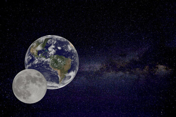 View of the Moon and Earth from space with the Milky Way beyond.