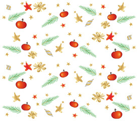 Ein Weihnachtsgeschenkpapier mit Äpfeln, Zweigen und Weihnachtsschmuck auf weißem Hintergrund.