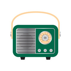 Green portable retro radio receiver in vintage style. Vector illustration isolated on white background