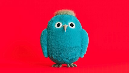 Blue fluffy bird mascot, surprised furry creature on a red background, 3d render