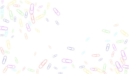 Paper clips are scattered on a white background. Decorative element. Background for design, school and office supplies