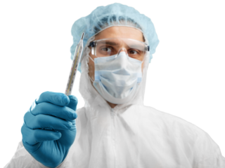 Medical healthcare technologist holding COVID-19 swab kit, wearing white protective suit mask