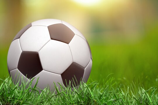 Classic football or soccer ball on grass