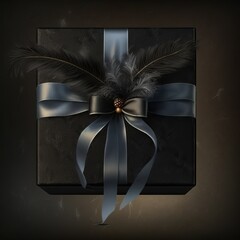 Luxury black gift box decorate with ribbon and feather. Generative AI