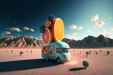 surreal art illustration of motorhome in dessert with fruit on top - obrazy, fototapety, plakaty