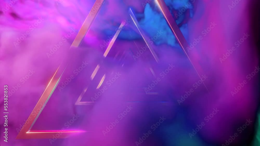 Poster surreal sky with flying silhouettes of triangles. design. bright clouds and the tunnel of triangles.