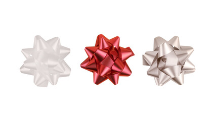 Three foil decorative bows, white, red and silver isolated. Png with transparency