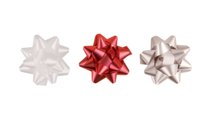 Three foil decorative bows, white, red and silver isolated. Png with transparency