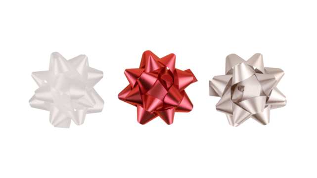Three foil decorative bows, white, red and silver isolated. Png with transparency