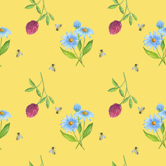 A pattern with a watercolor illustration of a bouquet of daisies, clover and bees on a yellow background.