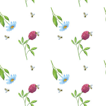 A pattern with a watercolor illustration of daisies, clover and bees on a white background.