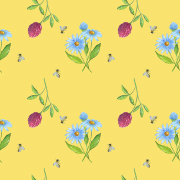 A pattern with a watercolor illustration of a bouquet of daisies, clover and bees on a yellow background.