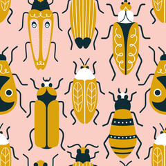 Multicolored Beatle on a pink background in art deco style. Seamless vector pattern with ants