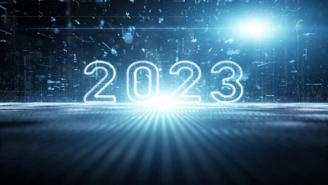 Conceptual digital data cyberspace technology in the year 2023. Blue glowing network wavy oscillation lines animation background. 