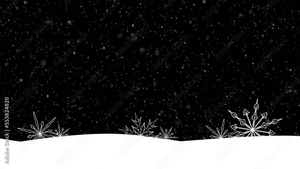 Poster new year snowy field with snowflakes loop motion on black background.