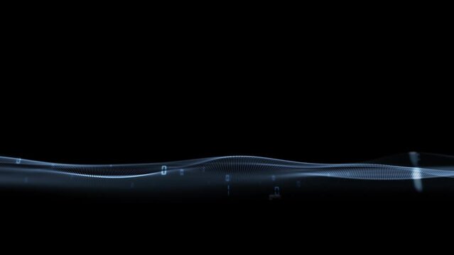 Seamless looping soft blurred abstract waves with binary code data numbers on black background.