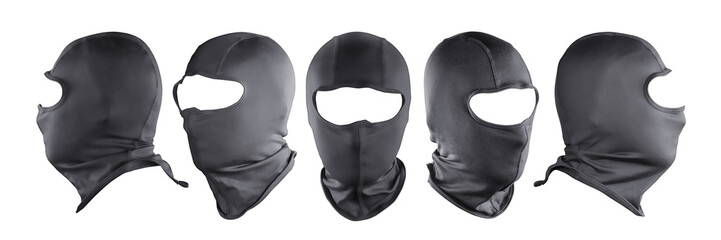 Black full face mask (balaclava) different views set. Isolated png with transparency - obrazy, fototapety, plakaty